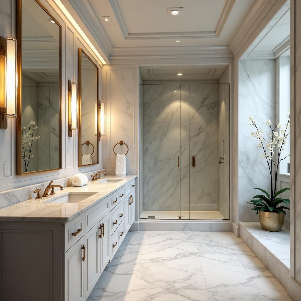 Luxury bathroom renovation with marble vanity and walk-in shower