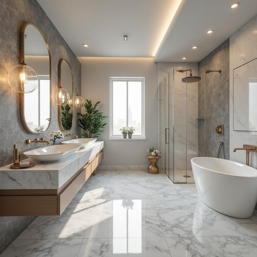 Elegant contemporary bathroom with vessel sinks and geometric tiles