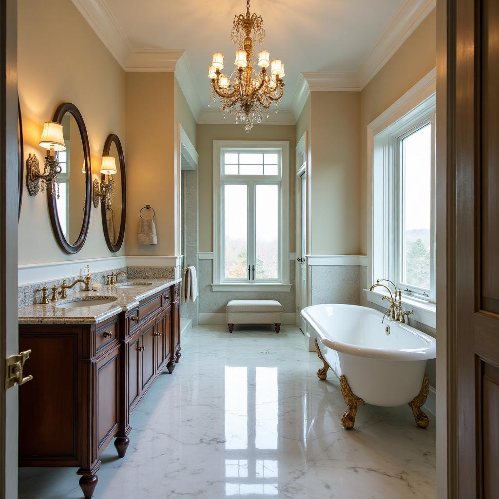 Master bathroom renovation with clawfoot tub and marble flooring