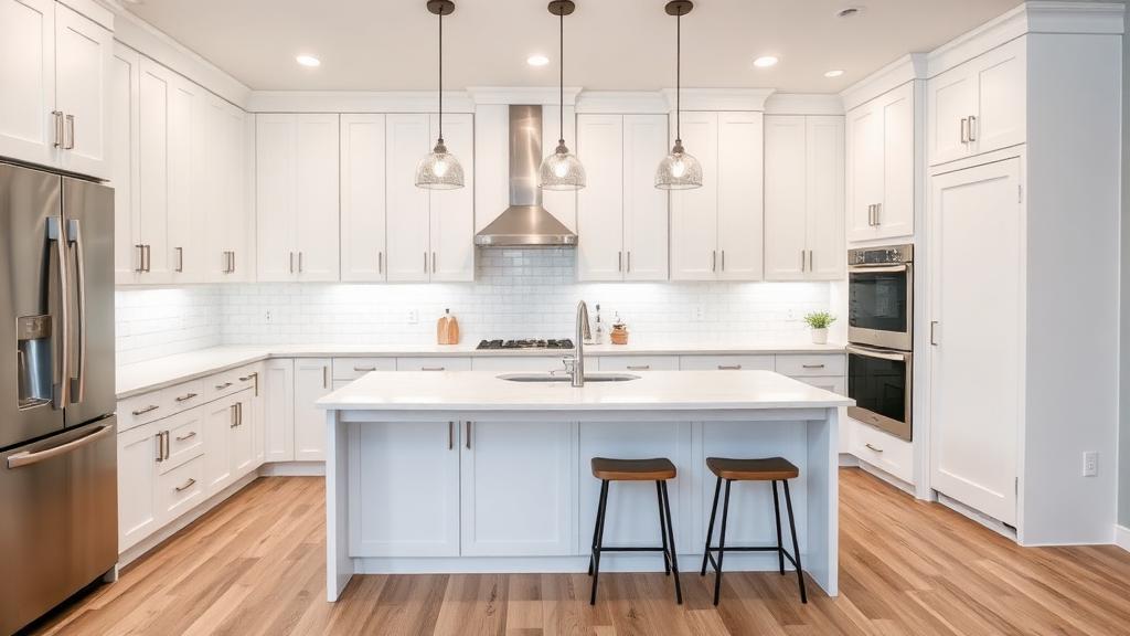 Modern kitchen renovation with navy blue cabinets and quartz countertops