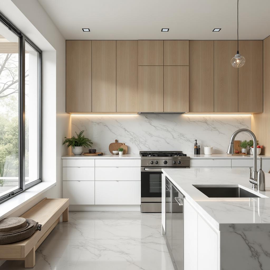 Contemporary kitchen design with marble countertops and light wood cabinets