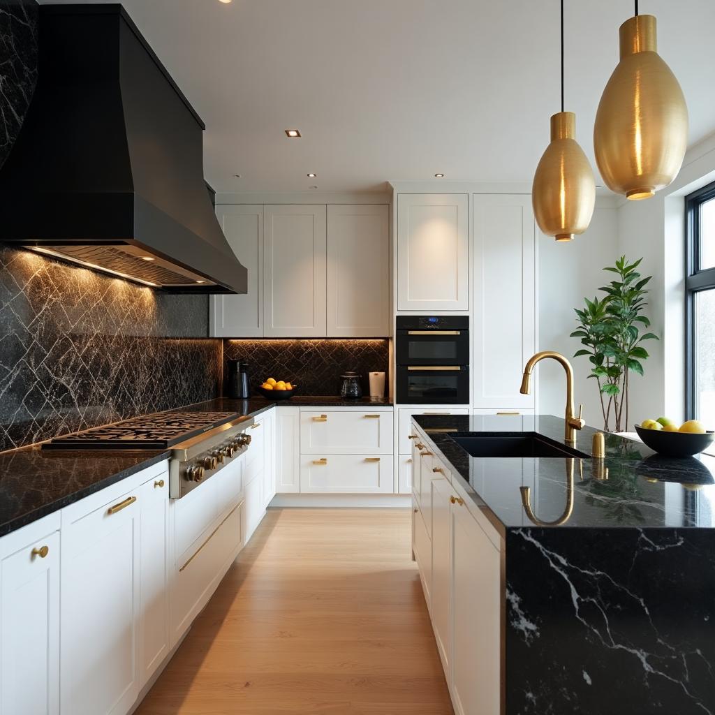 Luxurious kitchen with black granite countertops and brass fixtures