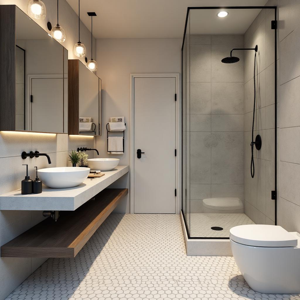 Contemporary bathroom with large walk-in shower and floating vanity