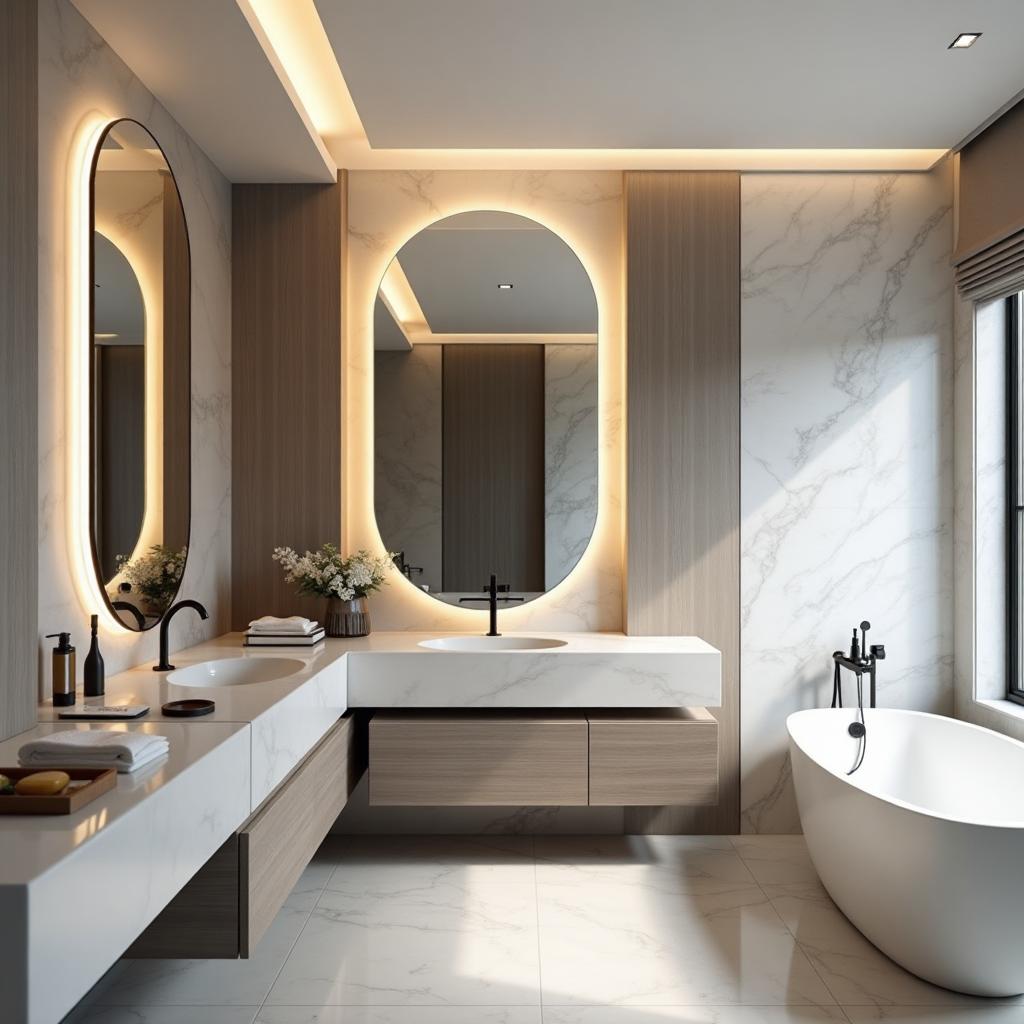 Modern luxury bathroom with double vanity and marble accents