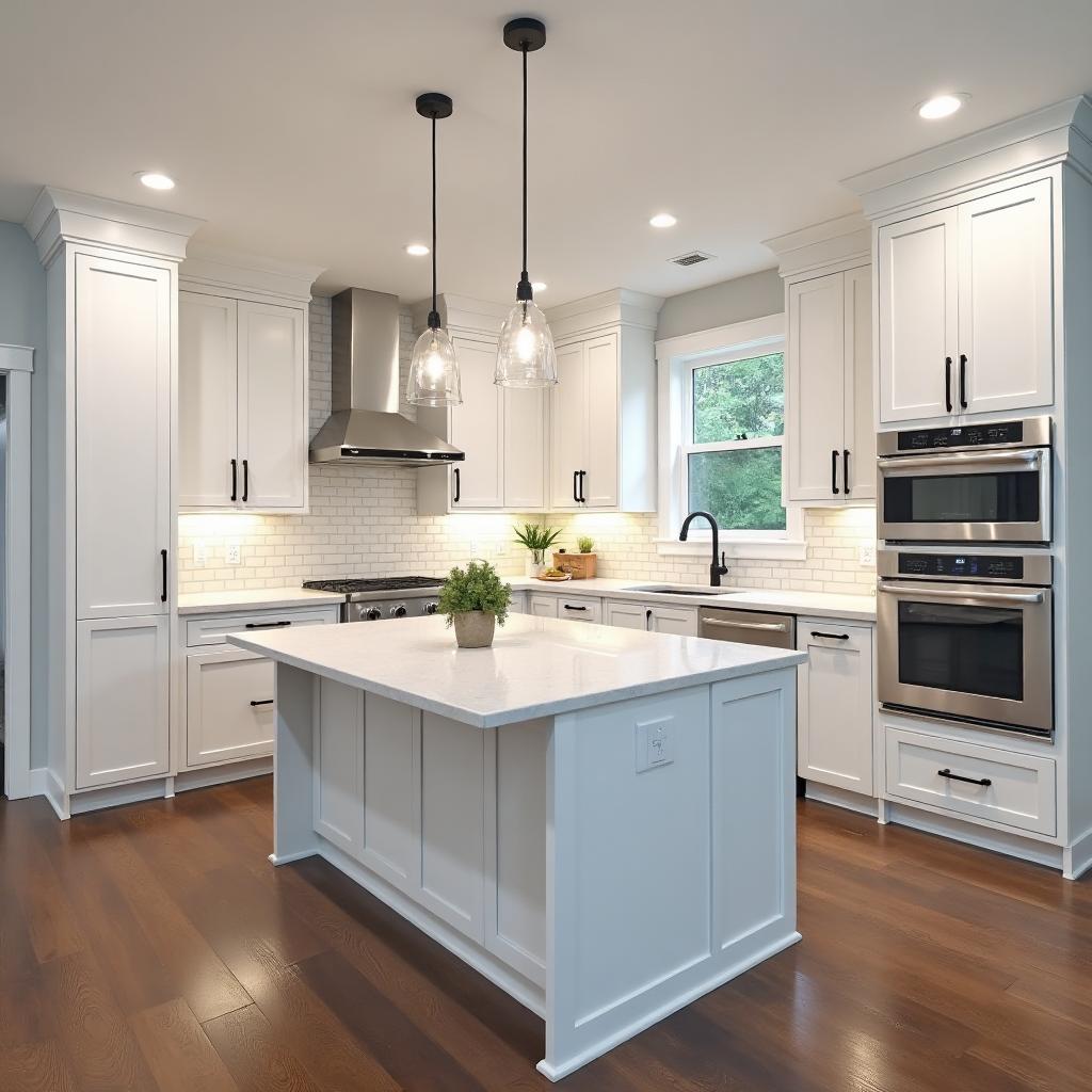 Modern luxury kitchen with white shaker cabinets and quartz countertops