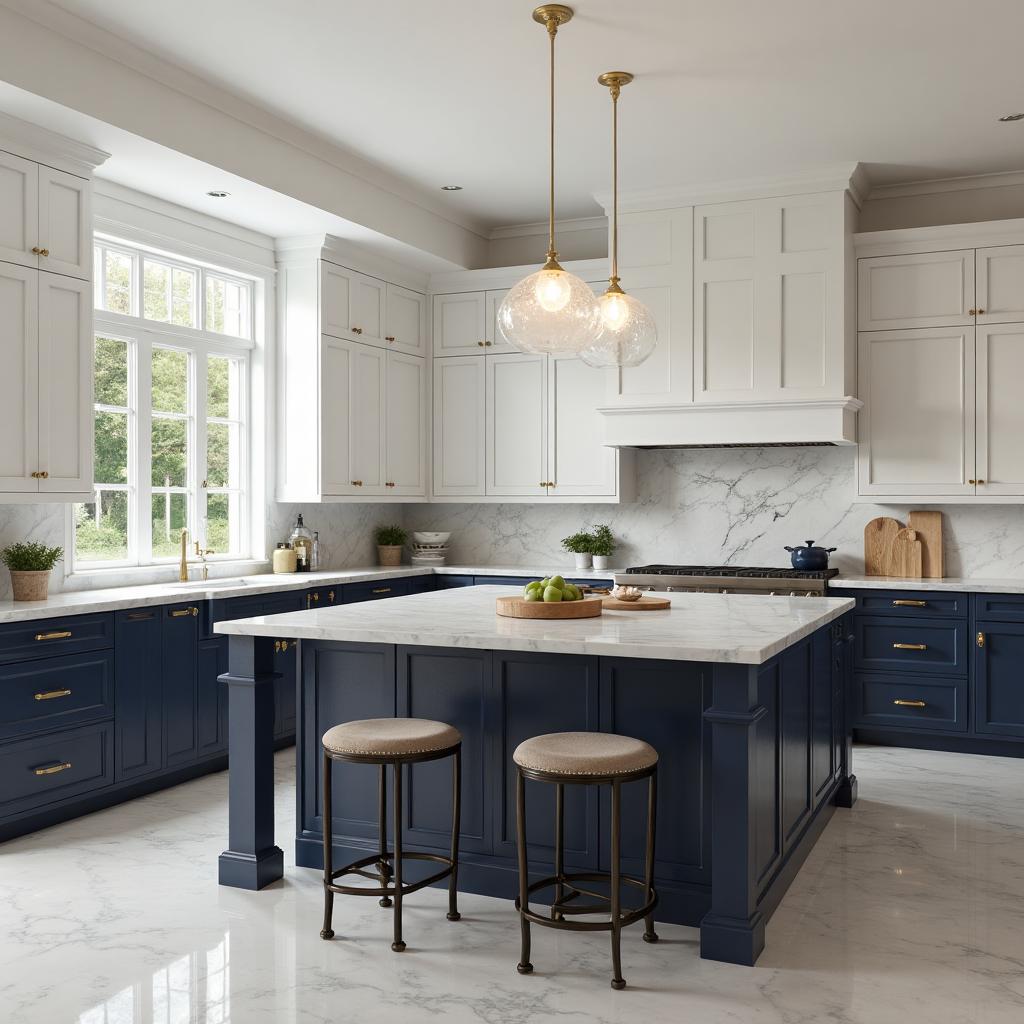 Contemporary two-tone kitchen with navy and white cabinets