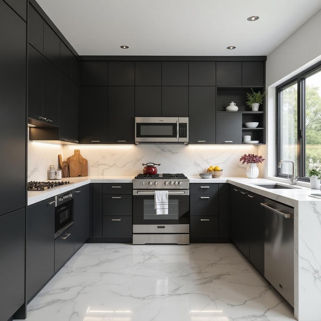 Sleek modern kitchen with dark charcoal cabinets