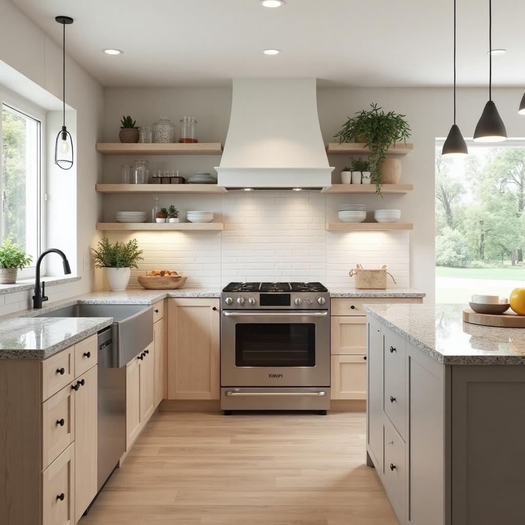Open concept kitchen with light wood cabinets and farmhouse style